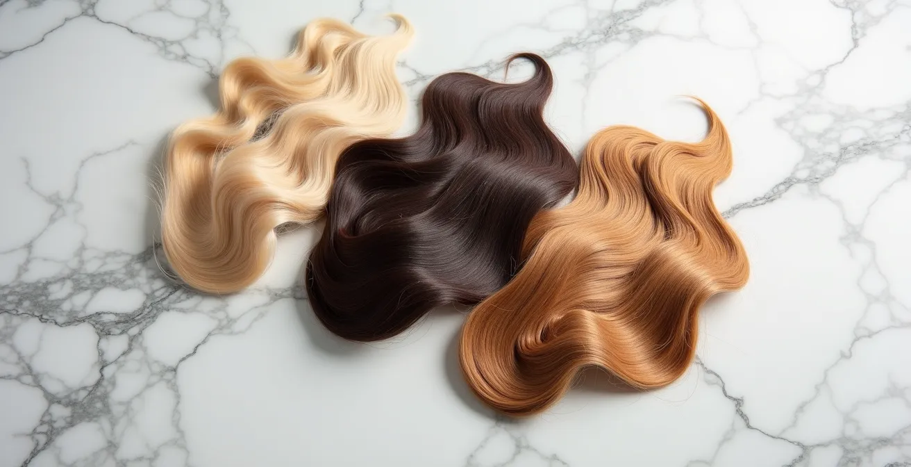 Mains tenant trois échantillons de cheveux montrant différentes textures avec balayage