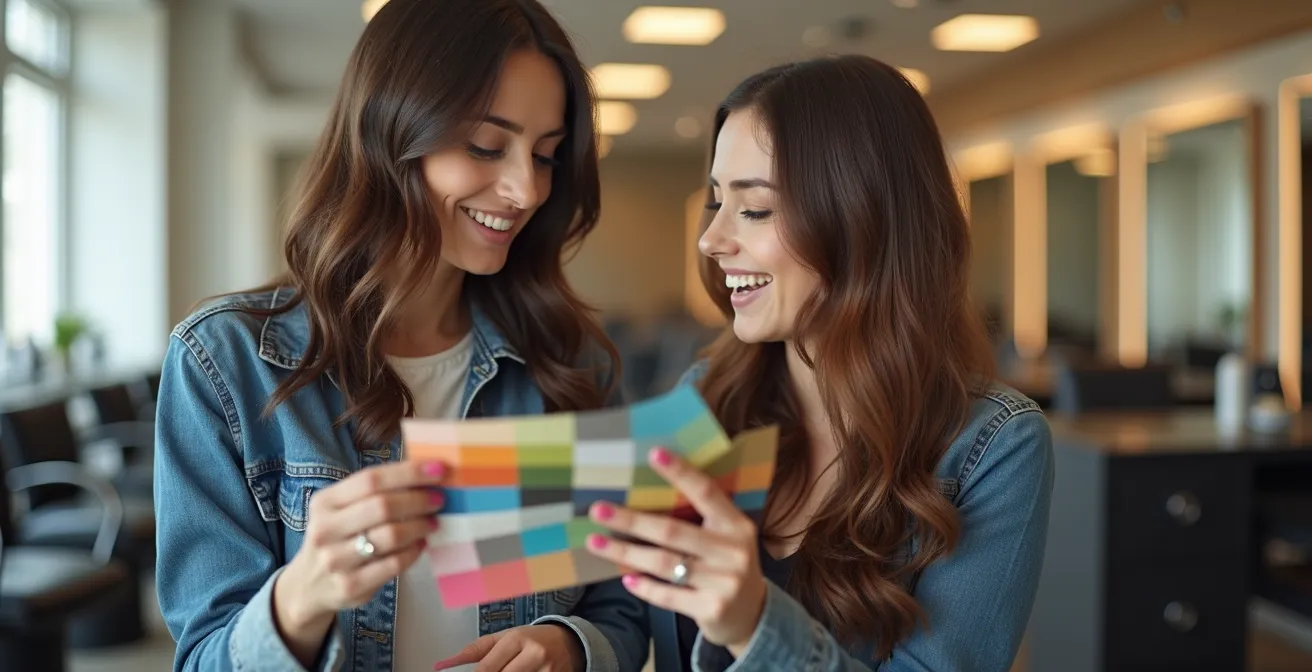 Cliente et coloriste échangeant autour d'un nuancier de couleurs dans un salon